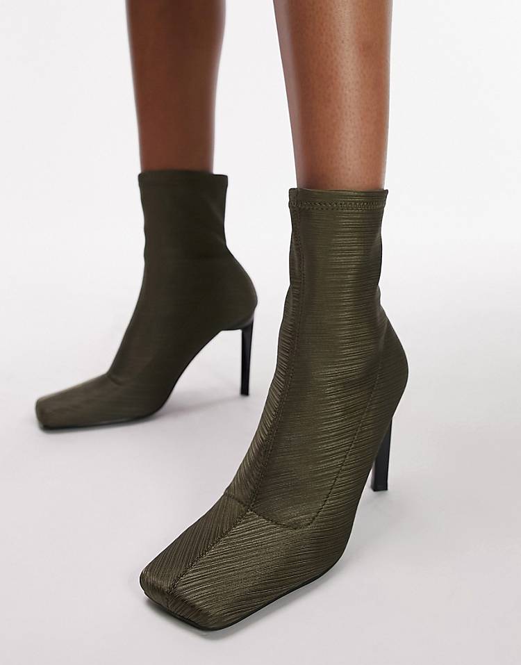 Topshop Tia high heeled sock boots in khaki